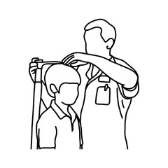 male doctor measuring the current height of his young male patient with equipment vector illustration sketch hand drawn with black lines, isolated on white background
