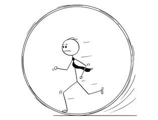 Cartoon stick man drawing conceptual illustration of businessman running in squirrel wheel or in circle. Business concept of repeating work or career stagnation.