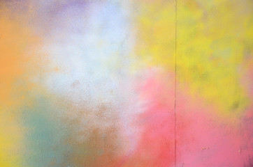 A large fragment of the graffiti pattern applied to the wall with aerosol paint. The gradient between several colors is carried out by spraying the paint. Abstract background image