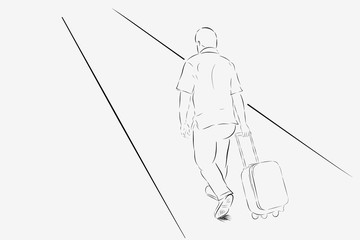 Obraz premium Simple Outline Sketch of Walking Traveler, view from Back