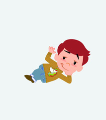 White boy with a unicorn pullover lying, greets with a dreamy expression.