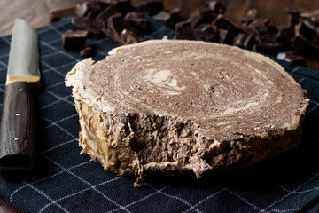 Turkish Chocolate Halva or Helva with Knife and Chocolate Pieces