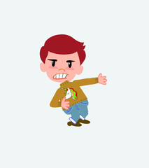White boy with a unicorn pullover shows very angry something to his left.