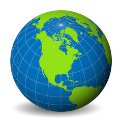 Earth globe with green world map and blue seas and oceans focused on North America. With thin white meridians and parallels. 3D vector illustration.