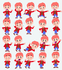 Cartoon character white boy in jeans. Set with different postures, attitudes and poses, doing different activities in isolated vector illustrations.