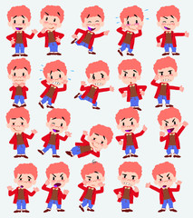 Cartoon character white boy in jeans. Set with different postures, attitudes and poses, doing different activities in isolated vector illustrations.