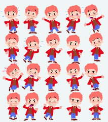 Cartoon character white boy in jeans. Set with different postures, attitudes and poses, doing different activities in isolated vector illustrations.