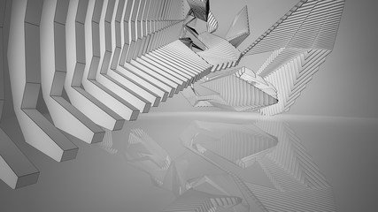 Abstract drawing white interior multilevel public space with window. Polygon black drawing. 3D illustration and rendering.