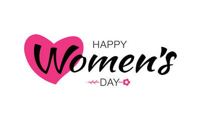 Happy Womens Day typographic lettering isolated on white background with pink heart flower. Vector Illustration of a Women's Day card.