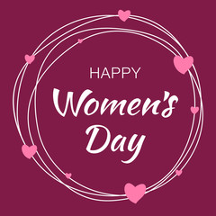 Happy Womens Day hand drawn typographic lettering with scribble circle isolated on white background with pink hearts flower. Vector Illustration of a Women's Day card.