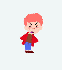 White boy in jeans is slightly angry.
