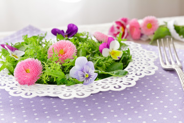 salad pansy daisy flowers fork