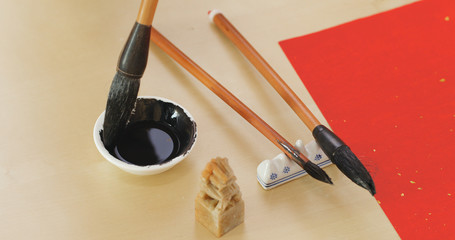 Writing Chinese calligraphy tool on the table
