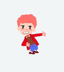 White boy in jeans shows very angry something to his left.