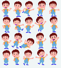Cartoon character boy in jeans. Set with different postures, attitudes and poses, always in positive attitude, doing different activities in vector vector illustrations.