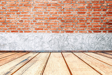 Empty room,Red brick wall Texture with wooden floor Background for Presentations
