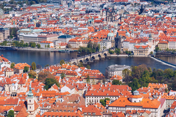 Naklejka na ściany i meble Skyline view panorama of Charles bridge (Karluv Most) with Old Town in Prague. Czech Republic