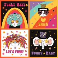 Poster Set of hand drawn portraits of cute funny cartoon animals in funky hats and glasses, with typography. Isolated objects. Vector illustration. Design concept for children. © Maria Skrigan
