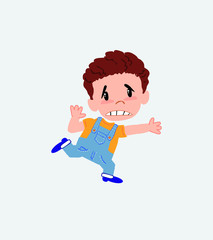 White boy in jeans runs alarmed.