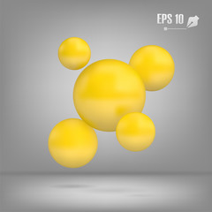 Abstract flying yellow spheres background. Realistic glossy balls, vector illustration.