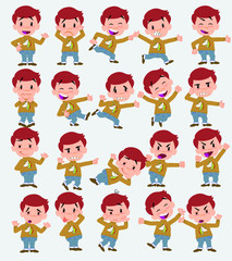 Cartoon character white boy with a unicorn pullover. Set with different postures, attitudes and poses, doing different activities in isolated vector illustrations.