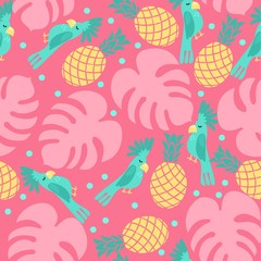 Summer seamless vector pattern in tropical parrots and pineapples