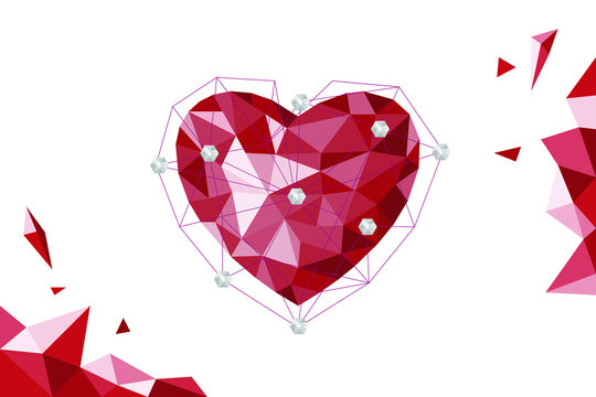 Red Polygonal Heart With Diamond Jewelry Atom Network Abstract Background Illustration Vector.