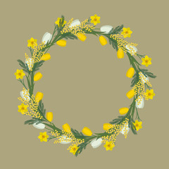 Floral round frame from spring flowers. Yellow and white flowers of tulips, daffodils and mimosa on a beige background. Greeting card template. It can be used as an design element in projects. Vector