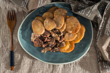 juicy veal beef meat with tomato and potatoes