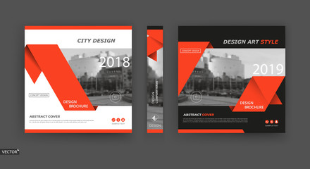 Design for business brochure cover, info banner frame, title sheet model set, techno flyer mockup or ad text font. Modern vector front page art with urban city street texture. Red triangle figure icon
