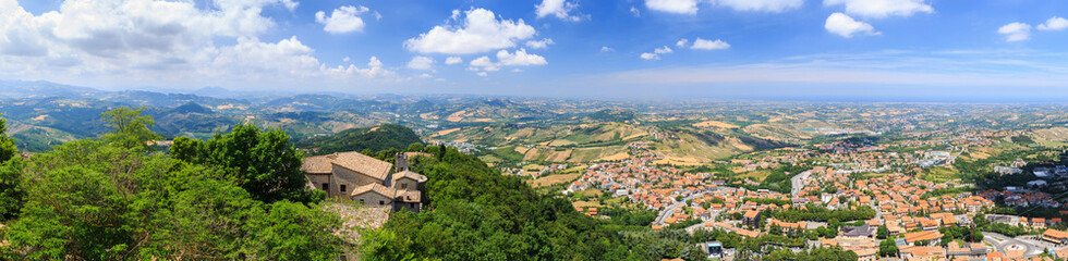 Fototapeta na wymiar Beautiful aerial panorama of San Marino from Monte Titano Mountain.