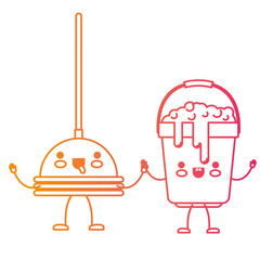 kawaii cartoon toilet pump and bucket with soapy water holding hands in degraded yellow to magenta silhouette vector illustration