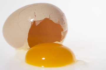 Rozbite jajko - białko i żółtko wypłynęło poza skorupkę, widoczne wnętrze skorupki - obrazy, fototapety, plakaty
