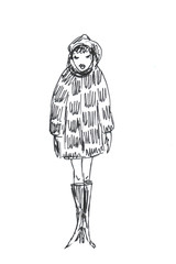 Hand drawn illustration of hipster girl in coat.