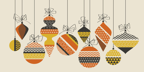 Geometric xmas bauble pattern vector illustration in retro 60s style. Vintage 1970s Christmas balls abstract motif in hot orange and yellow colors fo invitation, header, poster, cover. .
