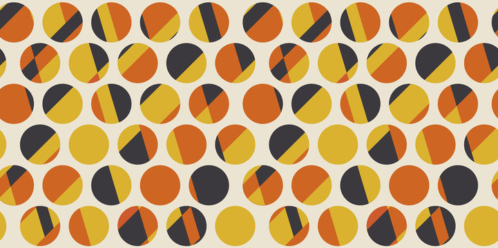 Color Dots. Geometric Circle Seamless Pattern Vector Illustration In Retro 60s Style. Vintage 1970s Abstract Motif In Hot Orange And Yellow Colors For Carpet, Wrapping Paper, Fabric, Background..