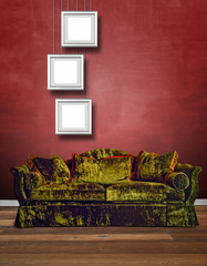 Luxurious green velvet sofa with textured red wall