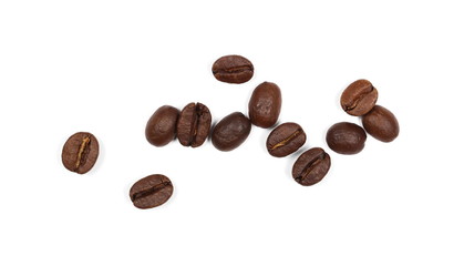 Coffee beans pile isolated on white background and texture, top view
