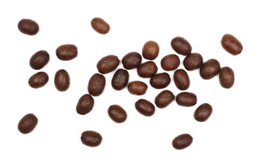 Coffee beans pile isolated on white background and texture, top view
