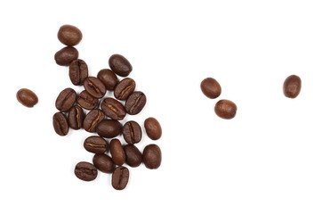 Coffee beans pile isolated on white background and texture, top view

