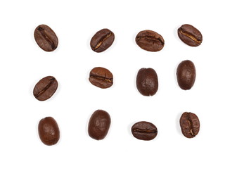 Coffee beans pile, set and collection isolated on white background and texture, top view
