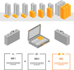 Isometric vector bundles of money and case with money. Business infographic set
