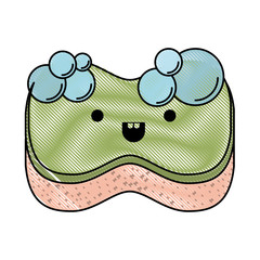 kawaii sponge with bubbles of soap in colored crayon silhouette vector illustration