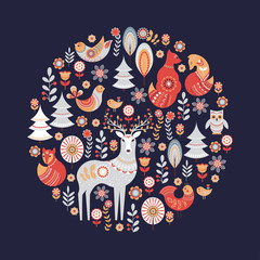 Decorative circular ornament with animals, birds, flowers and trees. - obrazy, fototapety, plakaty