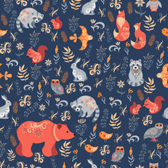 Fairy-tale forest. Fox, bear, raccoon, owls, rabbits, flowers and herbs on a blue background.  © skaska_i