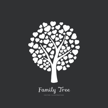 Love tree with heart shaped leaf. Nature. Vector monochrome silhouette illustration. Black and white color.