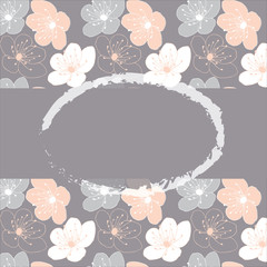 Hand drawn cherry blossom flower vector pattern card template in a gray, pink and white color palette with a gray stripe and space for text