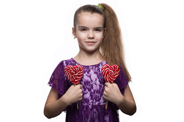 Cute happy little girl with lollipop caucasian on isolated white background