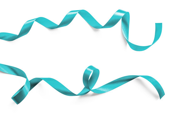 Teal green blue mint color satin ribbon isolated on white background with clipping path for holiday gift wrap or present box design decoration element
