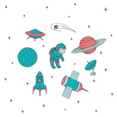 Hand drawn vector space elements: cosmonaut, satelites, rocket, planets, falling star and UFO. Cosmos set isolated on the white background.